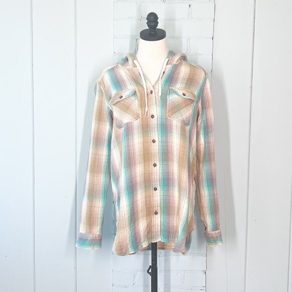 Kavu Jess Hooded Shirt Jacket Blue Tan Plaid Medium - Picture 1 of 6